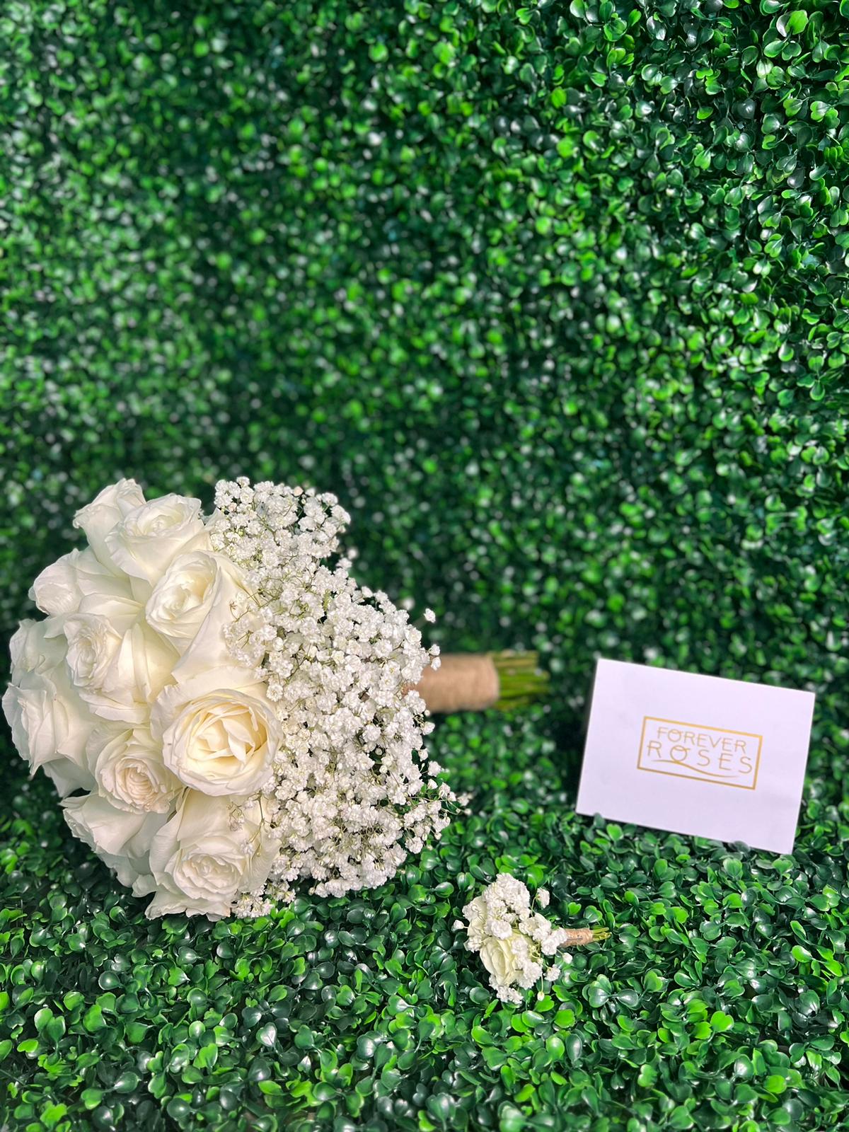 White Bridal Bouquet & Boutonnieres Combo - forever roses store