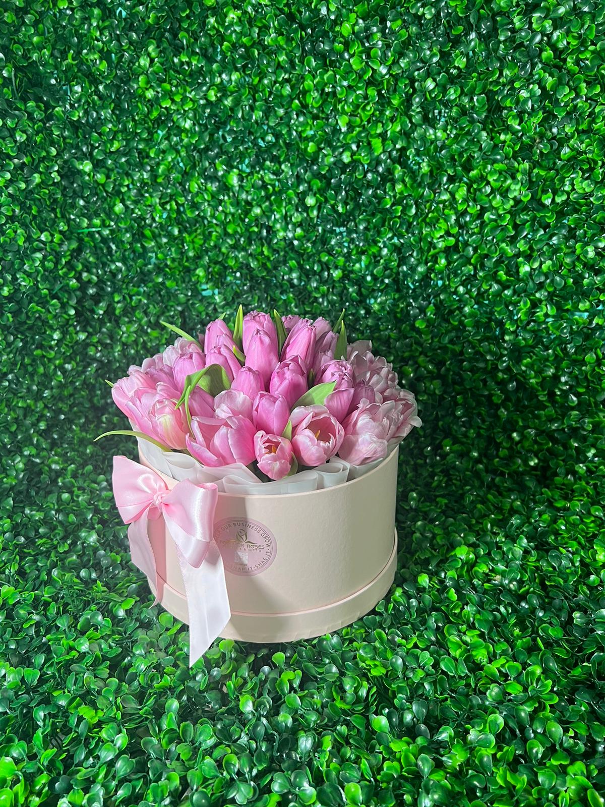 Round Pink Tulips Box - forever roses store