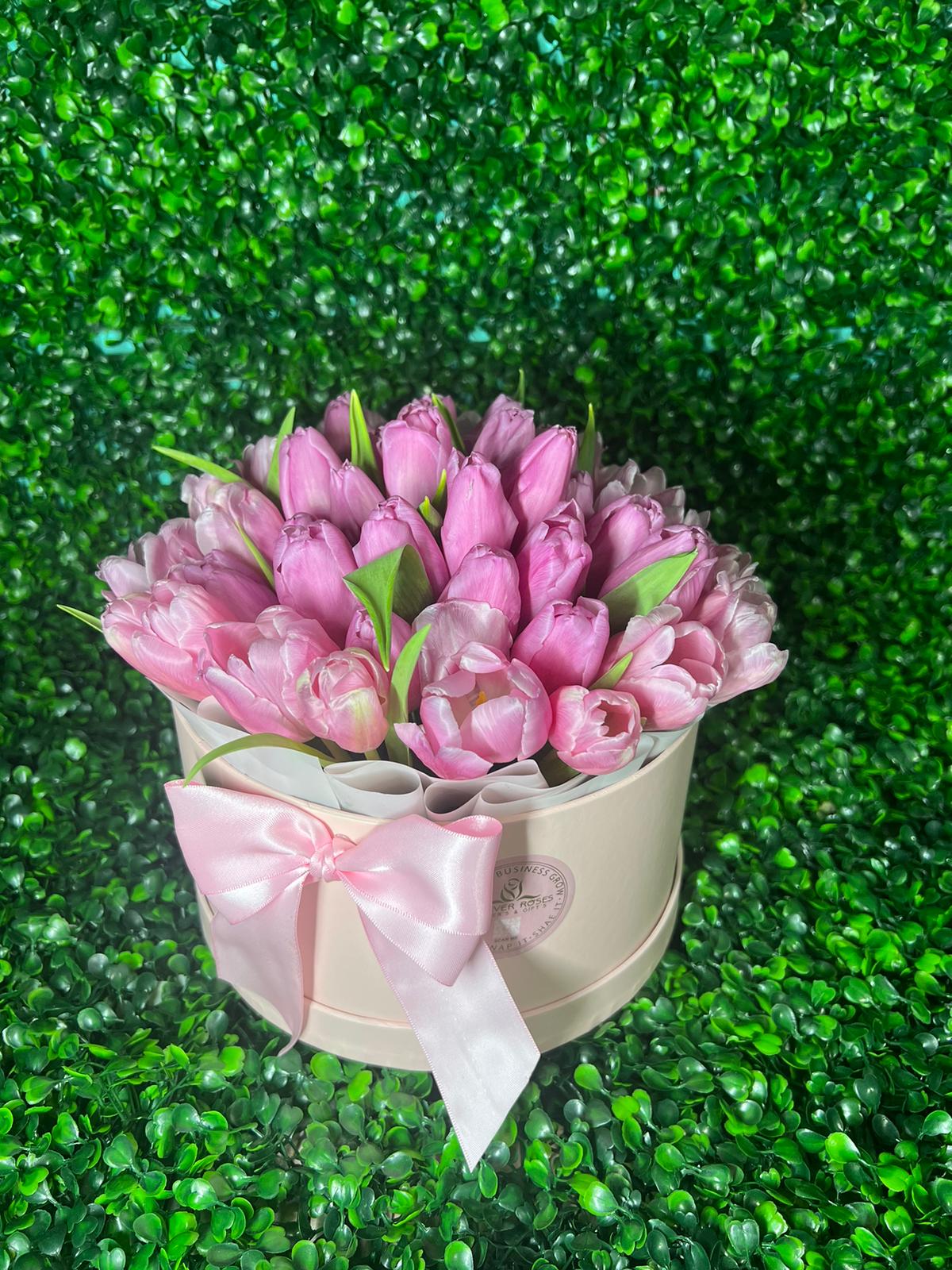 Round Pink Tulips Box - forever roses store