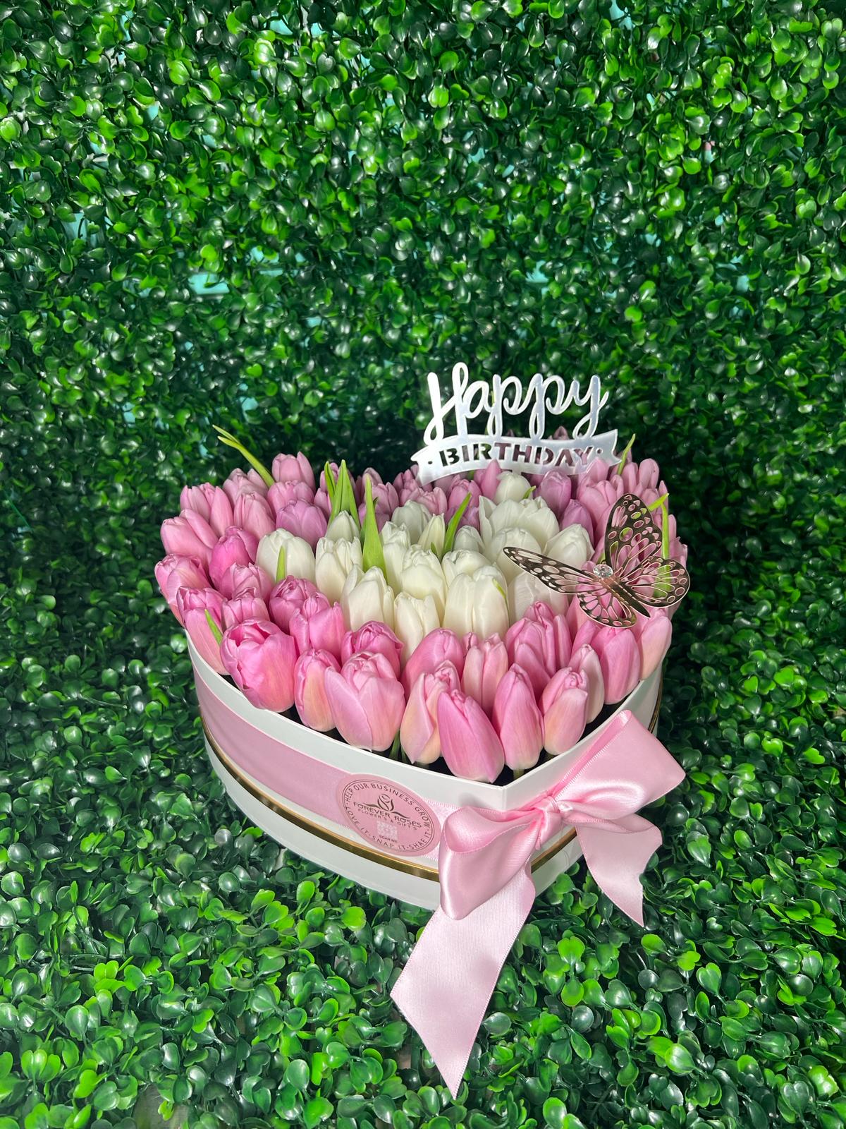 Heart Bi Color Tulips Box - forever roses store 